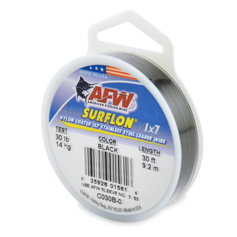 AFW American Fishing Wire Surflon, Nylon Coated 1x7 Stainless Steel Leader Wire, 30 lb Test, 024" Diameter, Black, 30 ft - Image 1